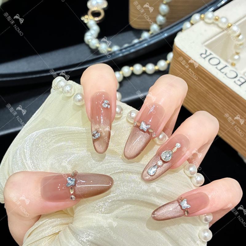 **L24 Brown Gradient Cat Eye Long Nails** - Handmade, Whitening Design XS (Long Oval)