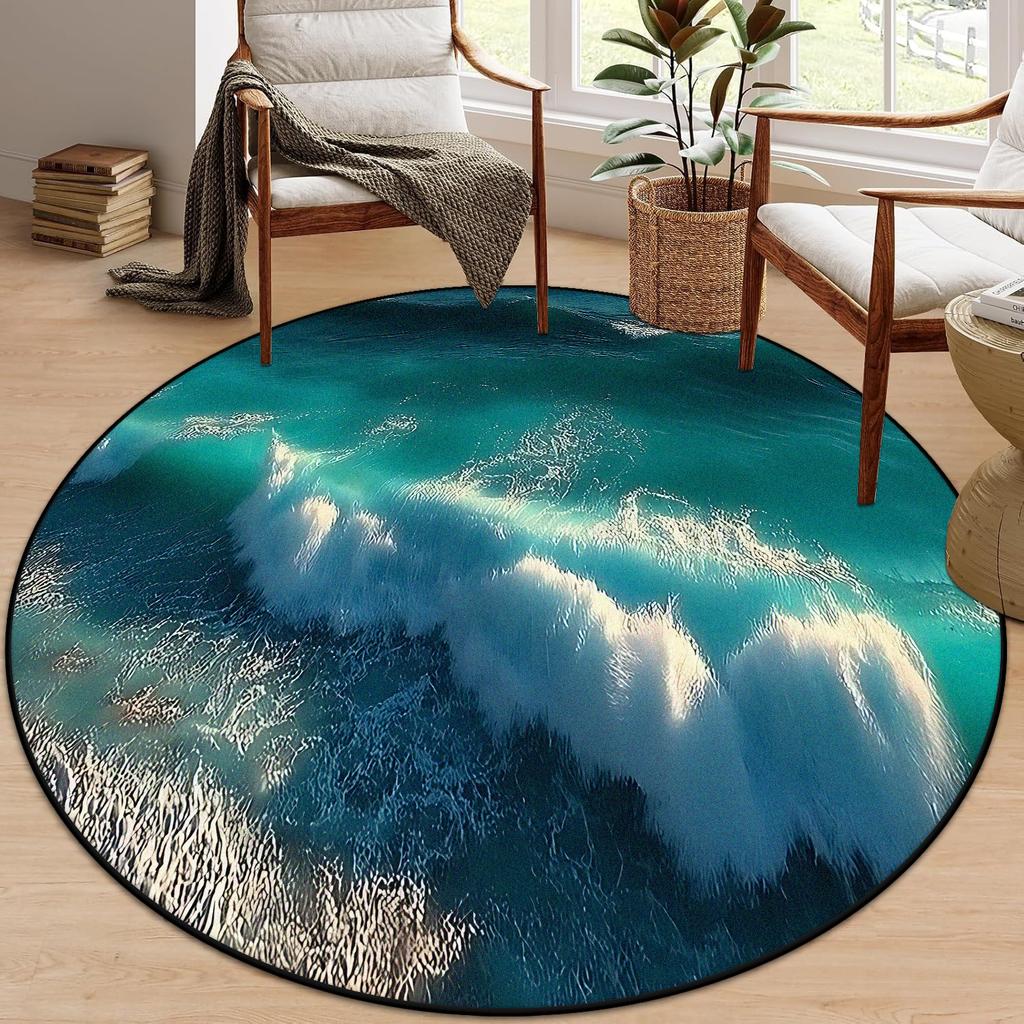 3D Beach Round Carpet Living Room Decoraiton Modern Light Luxury Large Room Lounge Rug Bedroom Decor Soft Fluffy Study Chair Mat