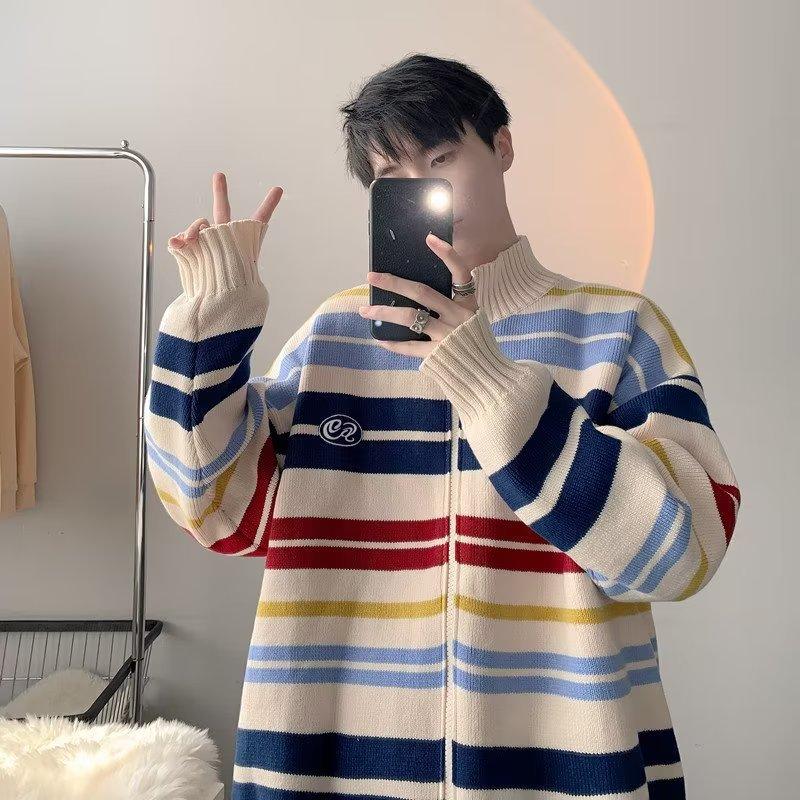 Striped stand-up neck cardigan sweater men's and women's trendy brand couple's knitted sweater loose autumn and winter lazy coat