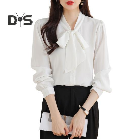 Women Shirt Lace-up Bowknot Collar Long Sleeve Casual Shirt Solid Color Loose Fit Chiffon Shirt Tops Daily Wear