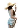 Premium Korean Striped Neck Split Flat Angle Swimsuit Women's Hot Spring Resort Bikini Conservative INS Pure Desire