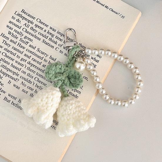Crochet Flower Keychain Handmade Flower Fruit Bag Charm Cute Keychain Pendant with Faux Pearl Chain Accessory for Girls Women Keys Backpack