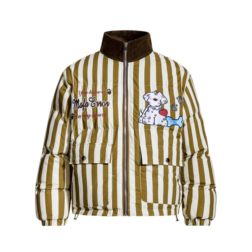 Men s Winter Warm Striped Embroidered Jacket - Casual Cotton Coat with Stand Collar M