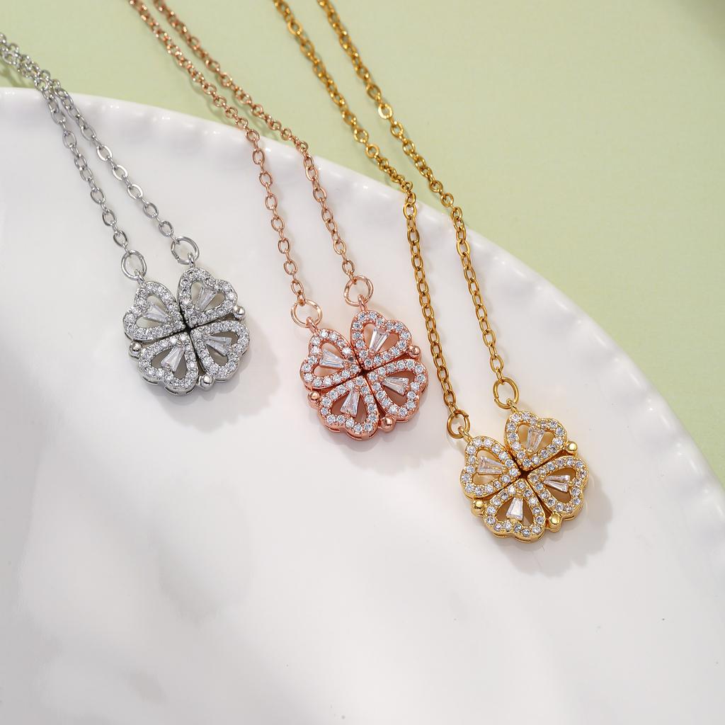 Reversible Clover/Heart Zircon Necklace Stainless Steel Fashion Jewelry for Women