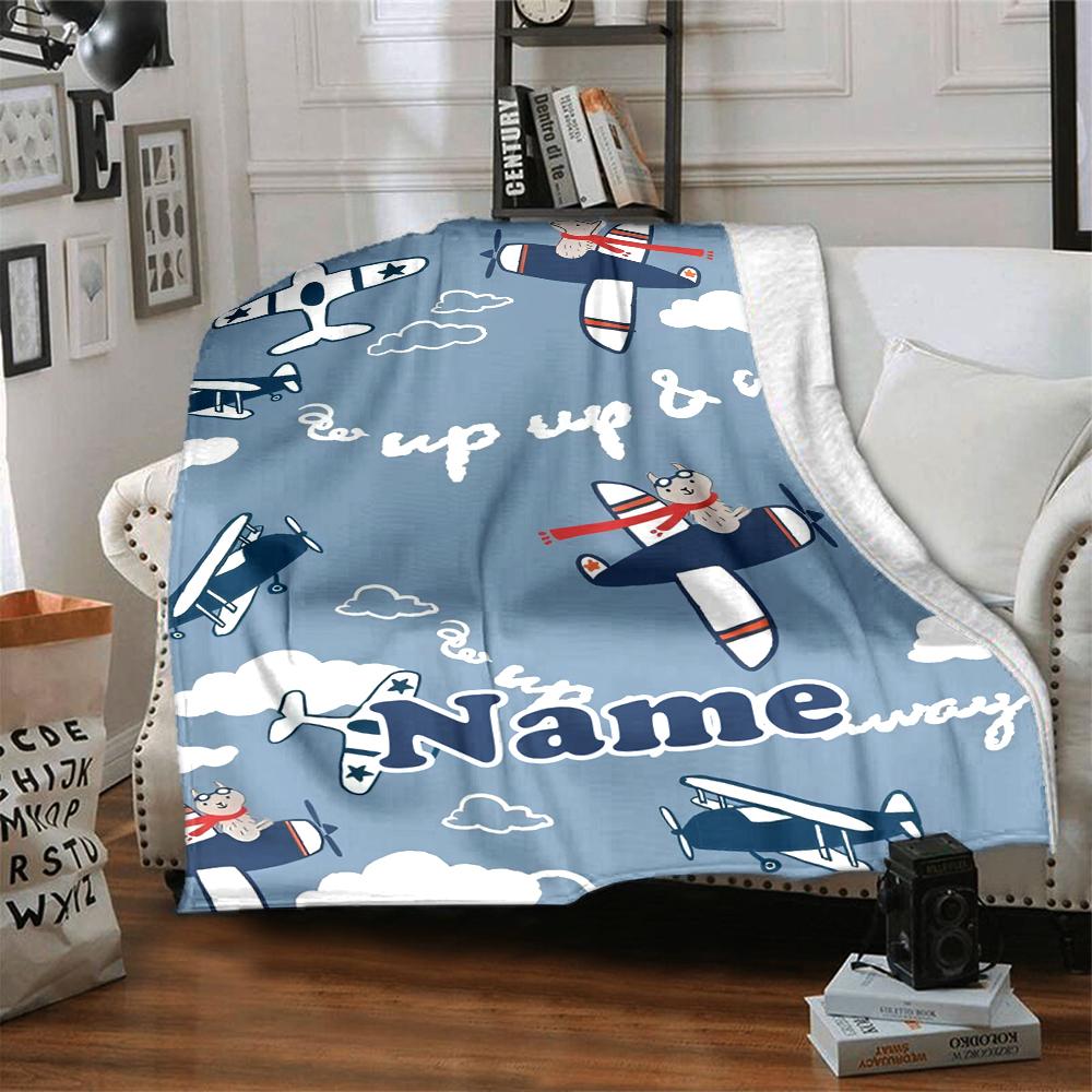 Custom Name Cute airplane Theme Printed Blanket - Perfect for Couch, Bed, Travel & Outdoor Use | Machine Washable, Cozy & Durable.