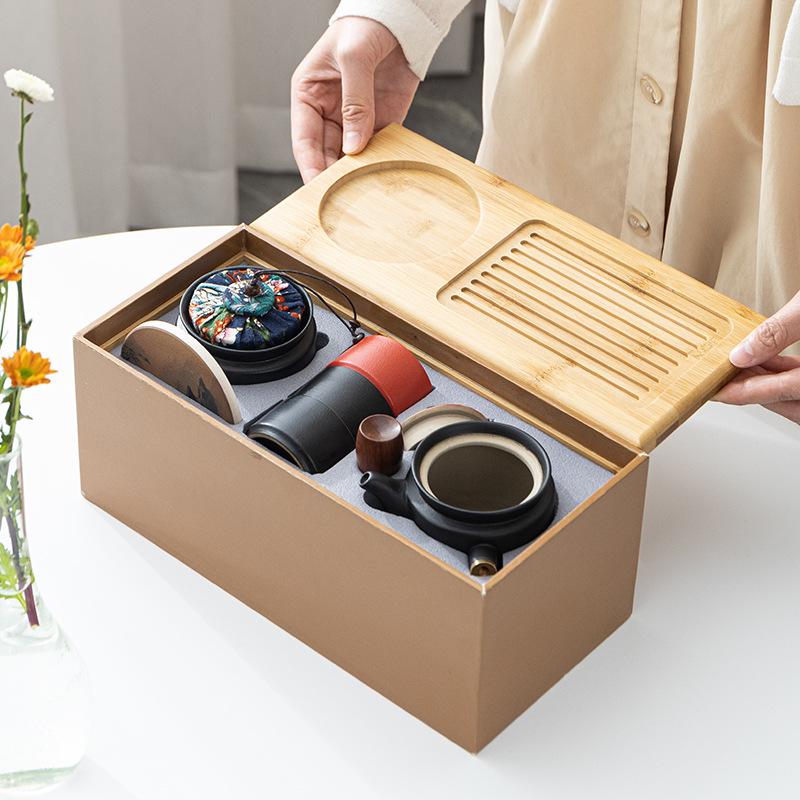Coarse Pottery Kung Fu Tea Set Office Ceramic Side Handle Pot Wooden Handle with Tea Tray Tea Can Storage Gift