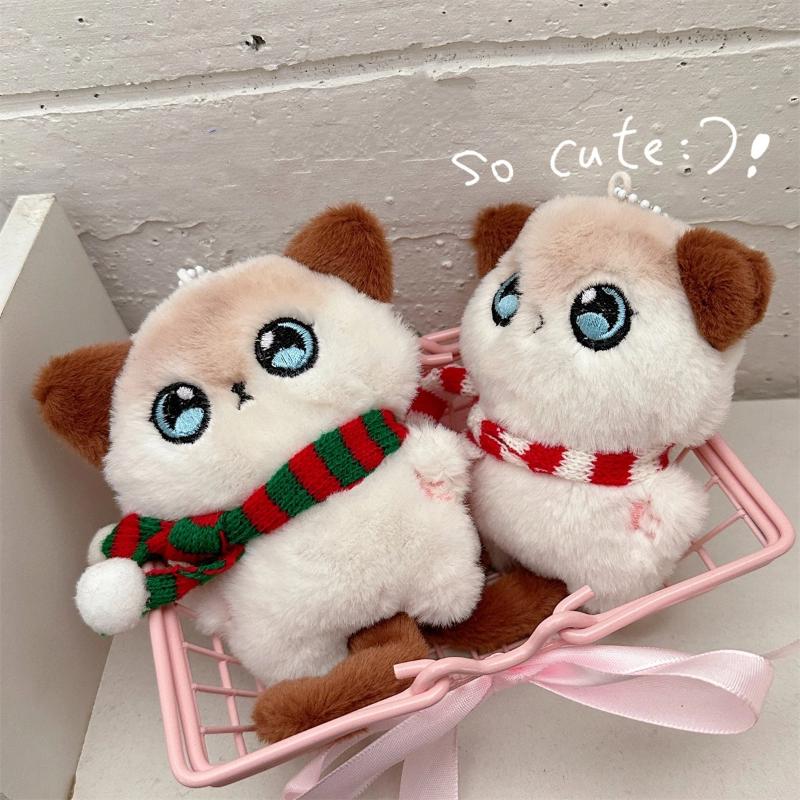 Cute Cartoon Scarf Tail Kitten Plush Keychain Siamese Kitten Stuffed Doll Backpack Pendant Car Keychain Accessories Gifts