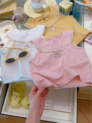 Summer Girls' Embroidered Cat Short Sleeve Pure Cotton Doll Collar Top