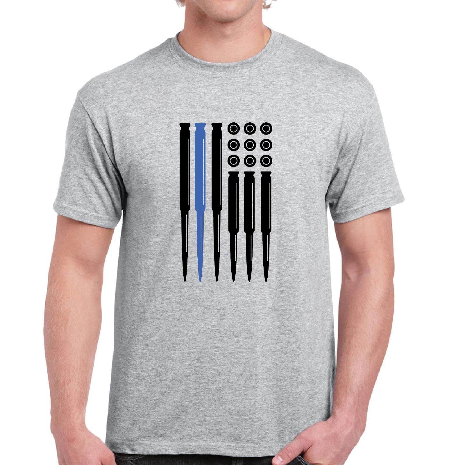 

Bullet Flag Second Amendment Pro Gun Conservative Blue Line Cotton Gray T-Shirt 3XL