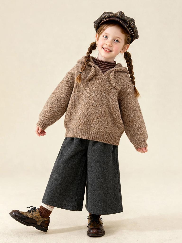 Pulover cu glugă de iarnă pentru fete 2025, culoare solidă - Cardigan tricotat din amestec de bumbac și lână