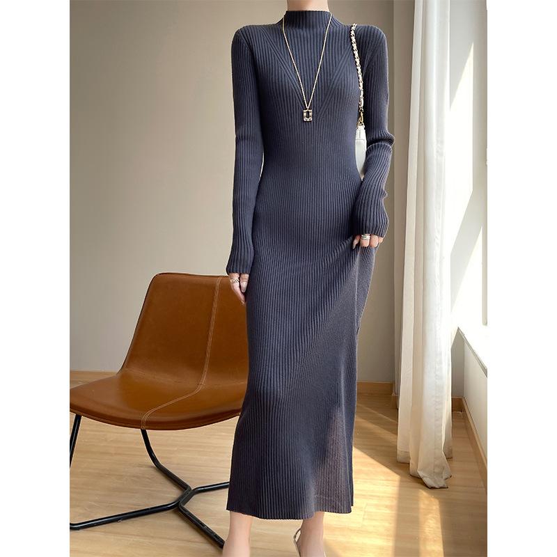 New Autumn/Winter Slimming Knit Dress for Women - Half-High Neck, Figure-Flattering, Long Length Bodycon Skirt