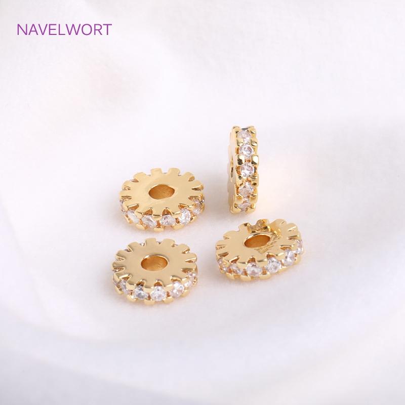 14K Gold Plated Hollow Spacer Beads Brass Metal Inlaid Zircon Jewelry Making Beads High Quality Round Beads Wholesale