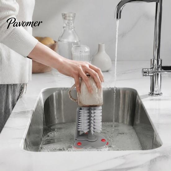 Durable Plastic Scrubber Suction Cup Bottle Brush, Wall Mounted Rotating Cleaning Scrubber, Tea Stain Remover Thick Bristles Sink Accessory