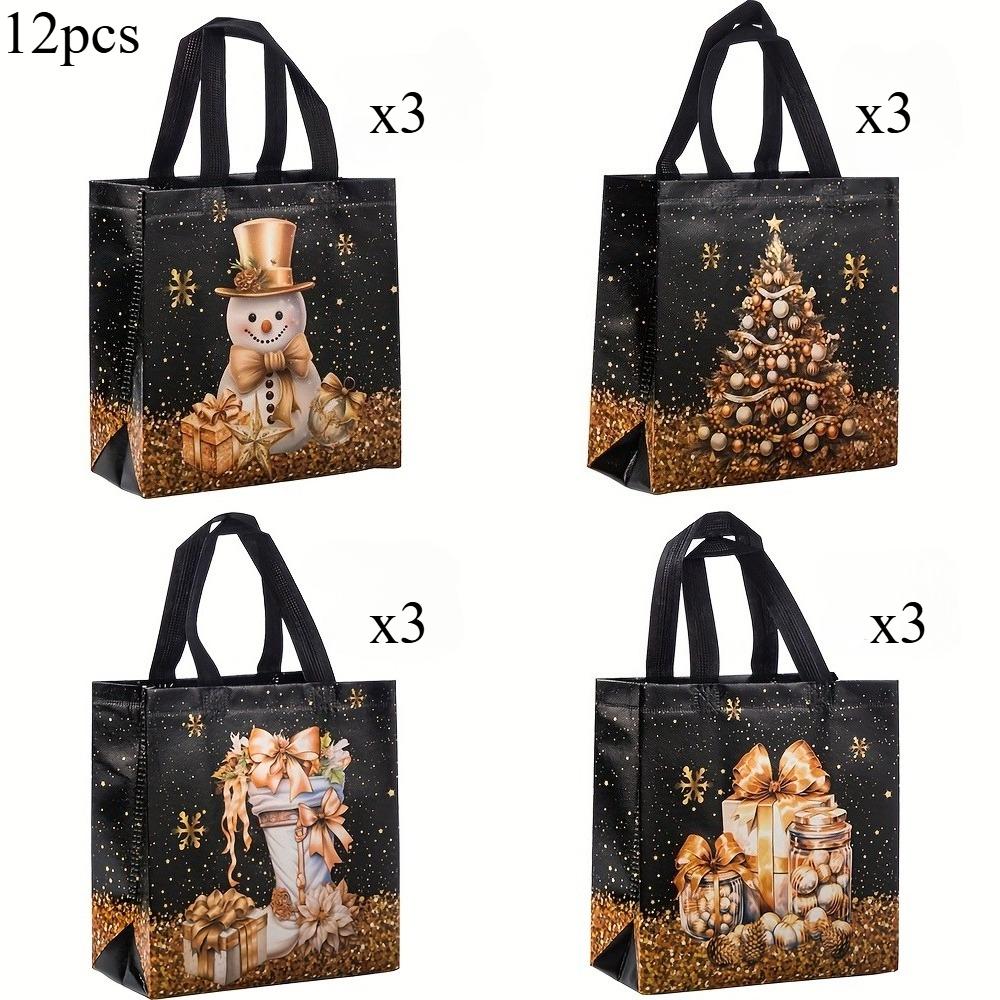 

Festive Christmas Gift Bags - Snowman,Tree & Stocking Design,Black & Golden with Handles,Non-Woven Tote Bags for Holiday Parties 23 x 22 x 11cm