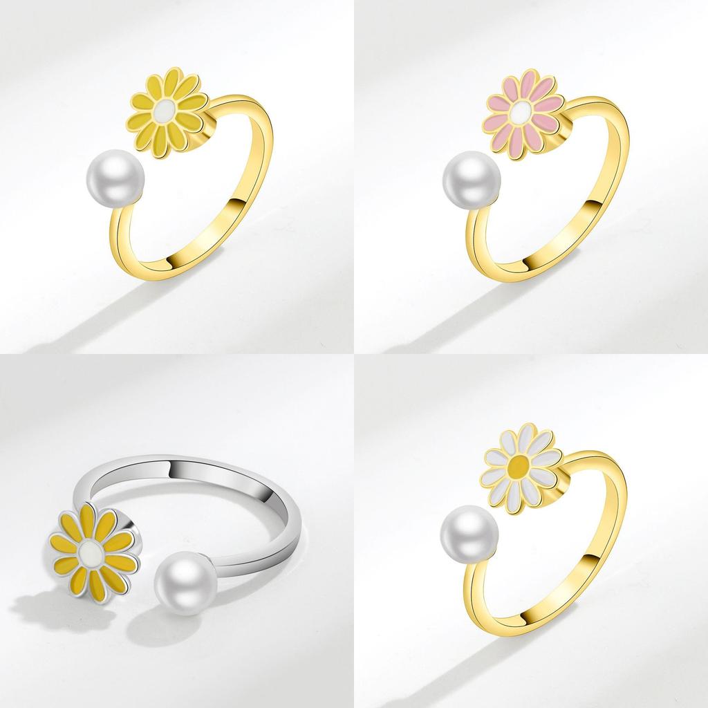 Small Daisy Adjustable Ring With Pearl Decor For Women Fashion Accessory