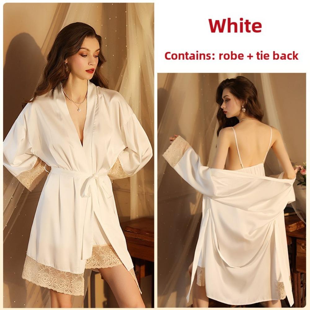 Private Sexy Pajamas, Women's Long-sleeved Satin Lace Lace-up Nightgown and Robe