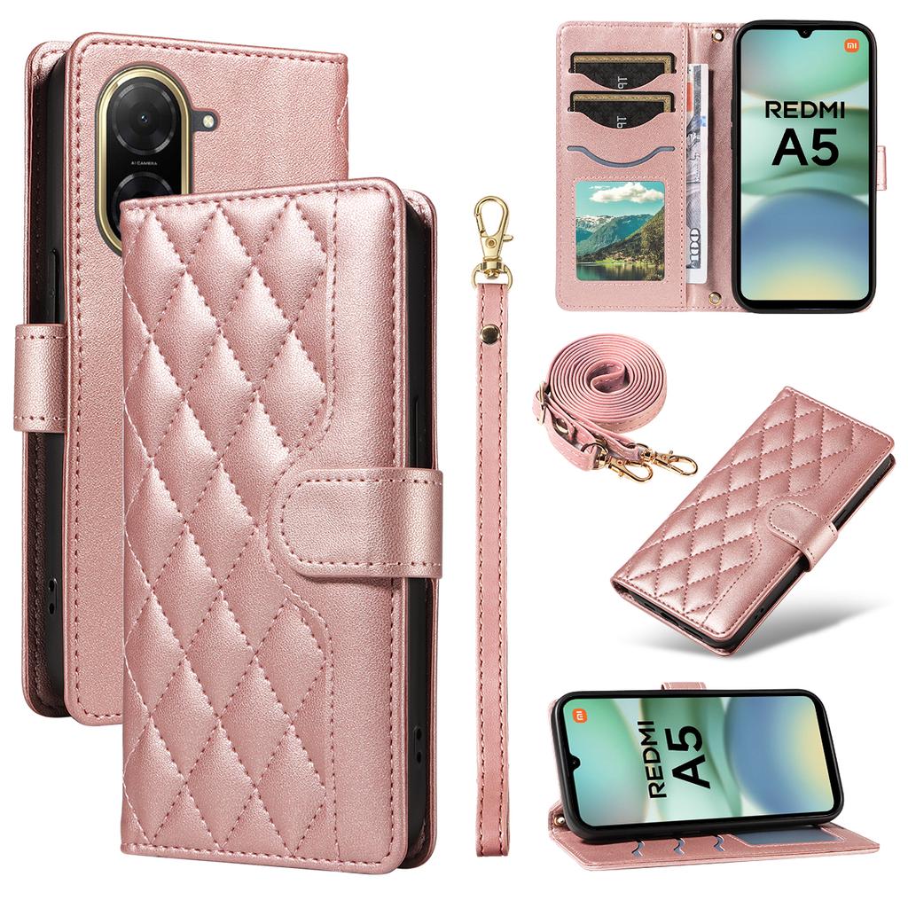 For Xiaomi Redmi A5 NFC (173.45*79.35*8.45mm) Wallet Case Rhombus Leather Phone Cover with Strap