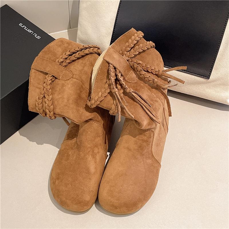 Short boots women's 2025 autumn new retro versatile fringed knight slim popular wasteland style khaki boots