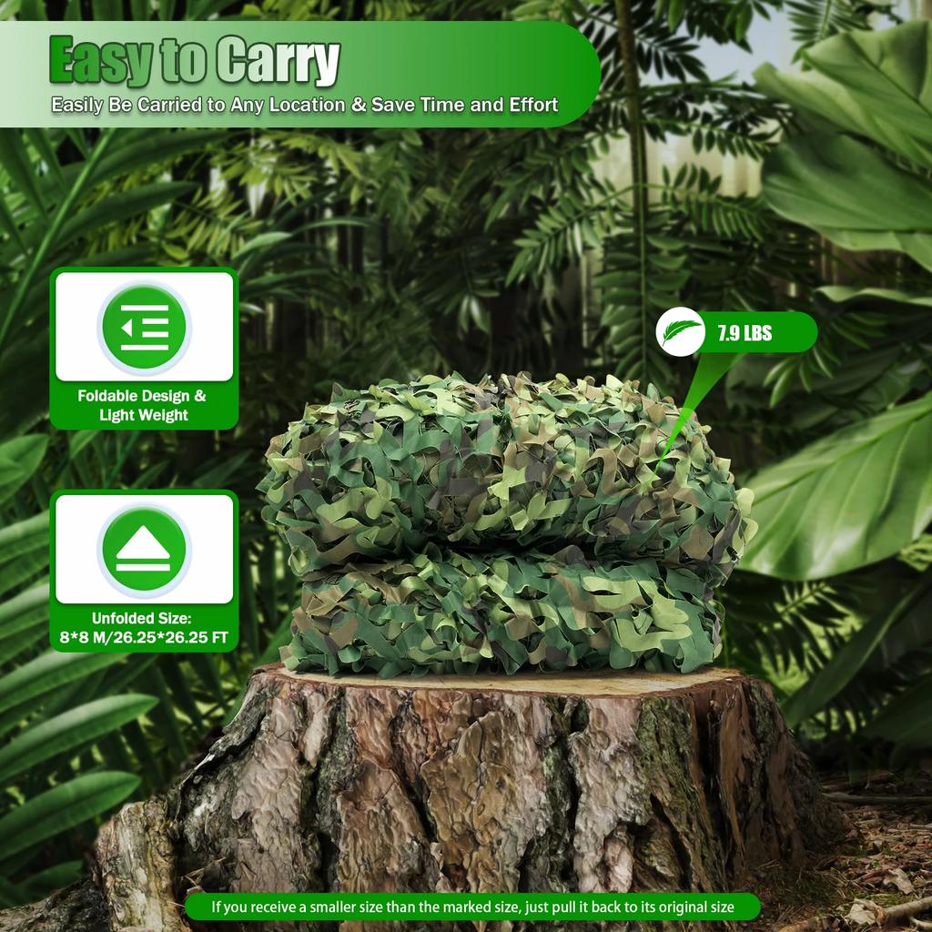 Lightweight & Foldable 8x8M Camouflage Net - Woodland Color for Hunting,Survival - Multi-Purpose Use for Cover,Decor,Photography