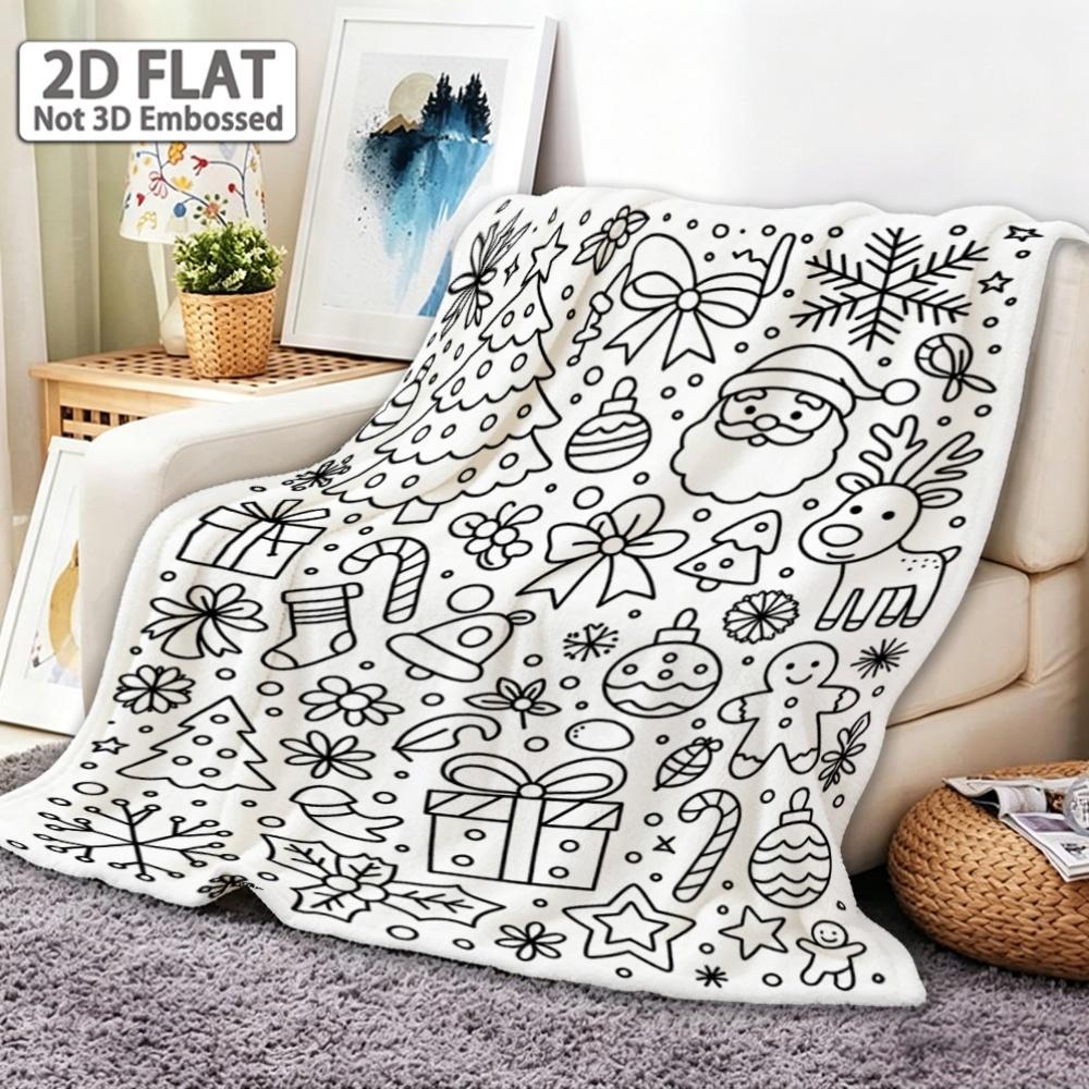 1pc 2D Flat Christmas Symbols DIY Coloring Blanket, Santa Reindeer Gingerbread Man Line Art Throw, for Home,Office,Car & Camping