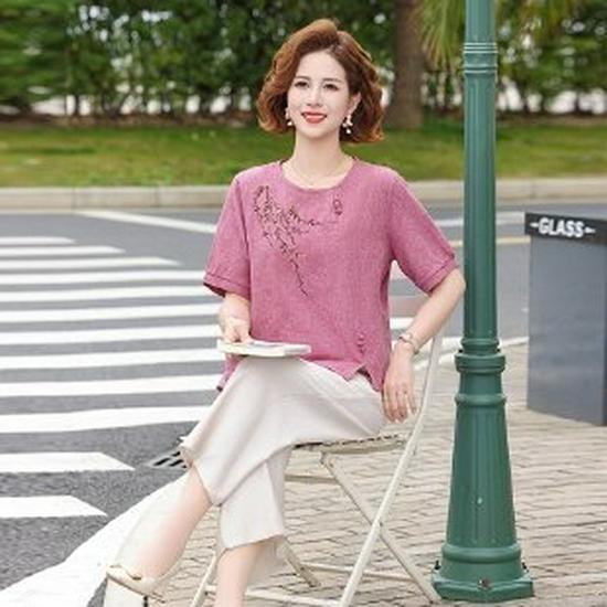 

Summer Outfit: Short Sleeve Print Top & Pants Set for Middle-Aged and Elderly Women 2XL