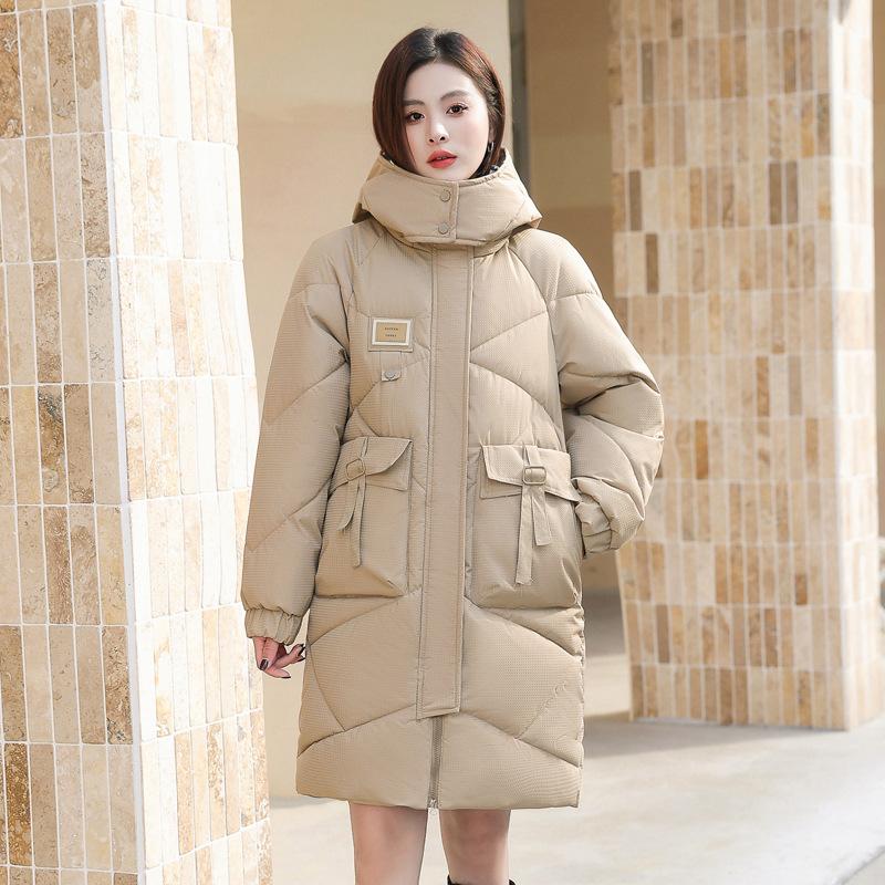 2025 New Cotton Jacket Women's Mid-length Over-the-knee Padded Jacket Loose Thickened and Warm Diamond-shaped Plaid Hooded Autumn and Winter Jacket
