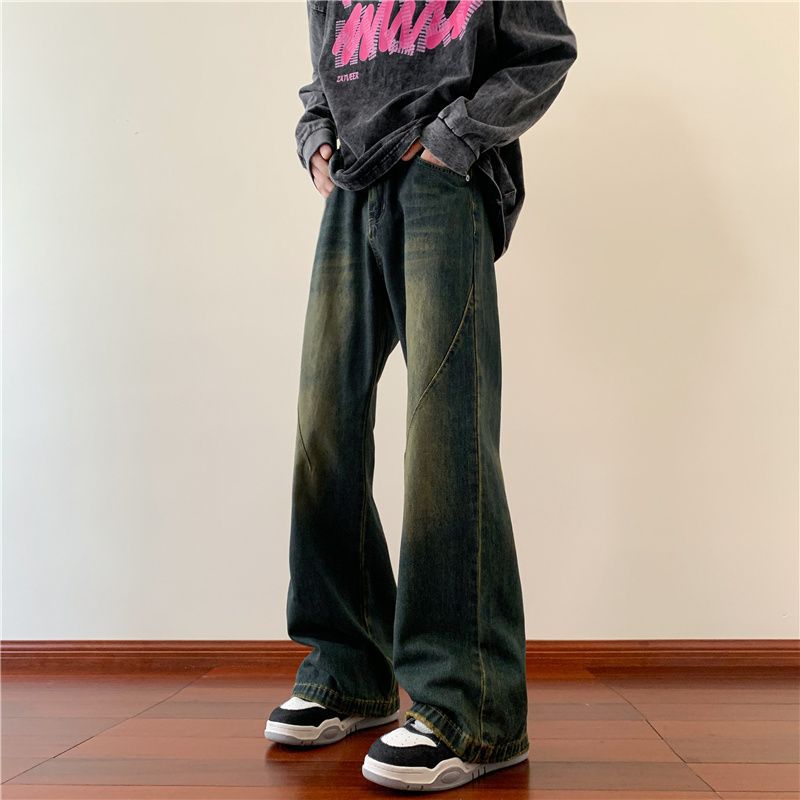 Spring and autumn American retro jeans loose ruffian handsome casual wide-leg pants trendy brand ins high street micro-pull pants men
