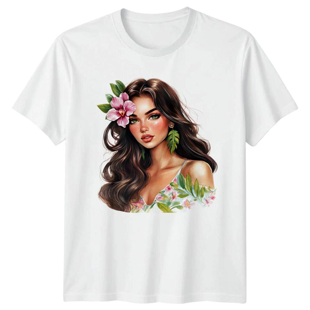 Woman With Orchid Fashion Mens T-Shirt Ladies Tee Graphic Unisex Top