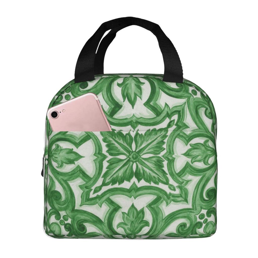 Green Ornate Floral Mediterranean Sicilian Tile Insulated Lunch Bag for Women Office Cooler Thermal Food Box Tote Lunch Boxes