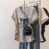 Prané Vintage Kočičí Potisk Krátký Rukáv Tričko Dámské V-výstřih Oversize Řasení Letní Top Dámské Ležérní Trička