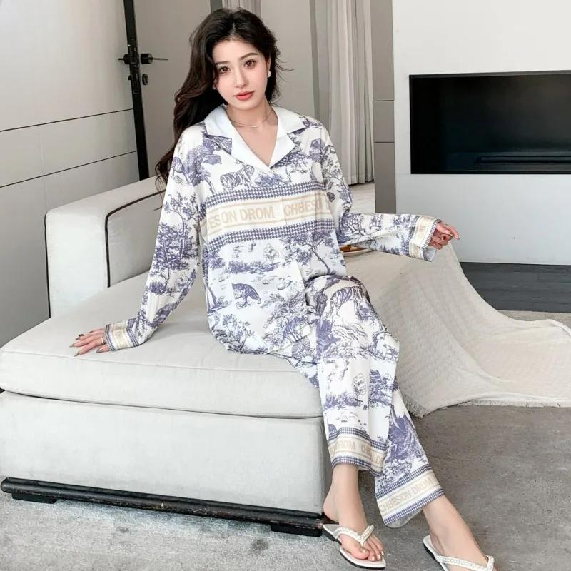 Pajamas for Women Spring and Autumn Ice Silk Long-sleeved Trousers Two-piece Set Simple Casual Home Wear Set
