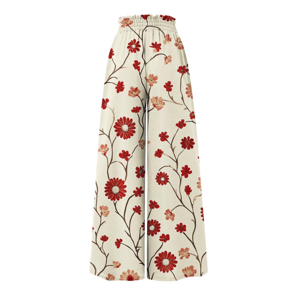 Women's Palazzo Pants Boho Floral Wide Leg Trousers Summer Beach High Waisted Flowy Pants With Pockets