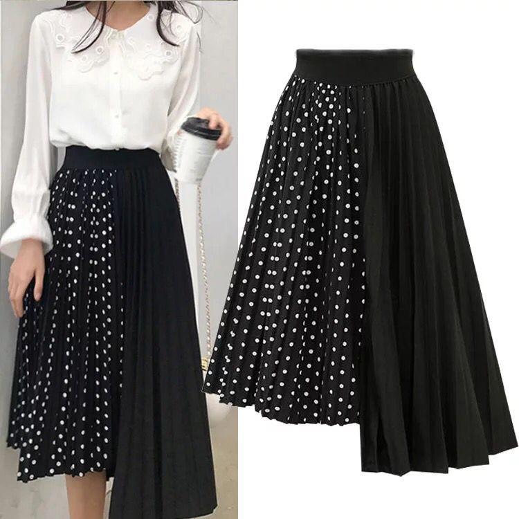 Tooxika Large Women's Pleated Polka Dot Patchwork Mid Length Chiffon Large Hem Skirt