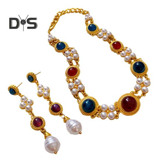 

2 шт./комплект женский комплект ювелирных изделий искусственный жемчуг двухслойные толстые цепочки серьги преувеличенный ретро королевский стиль геометрическое ожерелье из камня набор для торжественного банкета золотистый