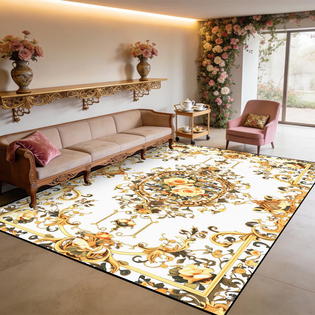 Persian Retro Living Room Carpet Light Luxury Flower Pattern Washable Large Size Rug Decoration Bedroom Fluffy Anti-slip Mats