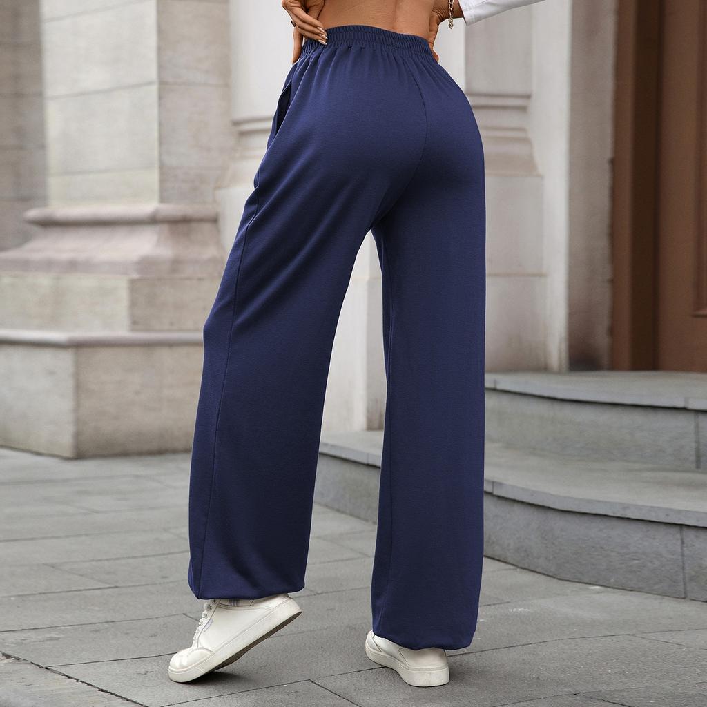 Women's Casual Fashion Elastic Waist Pocket Cuff Loose Solid Color Trousers