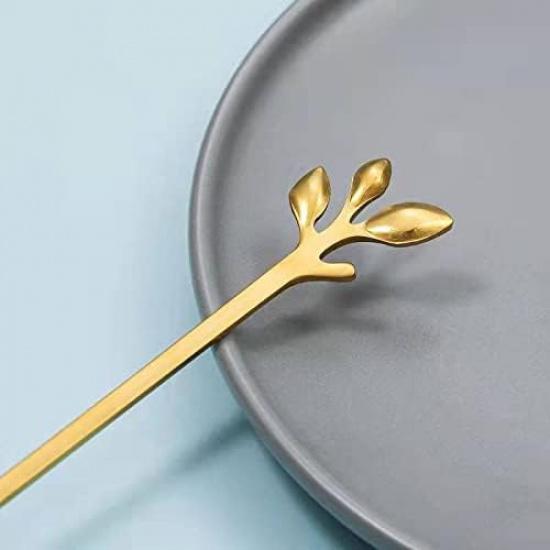 Long Handle Ice Tea Spoons Set Ice Cream Leaf Spoon Stainless Steel Cocktail Stirring Spoon Gold Coffee Spoons For Coffee Bar Dessert Hottea Shakes