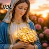Decoración Cristiana para Jardín Resistente a la Intemperie Virgen María Luz, Estatua para Exteriores con Rosa Brillante LED, Figura Lámpara Madre Bendita Suave Brillo Dorado para