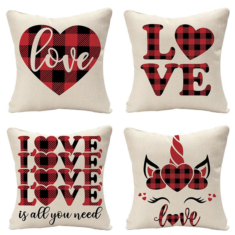 New Valentine's Day Linen Pillow Cover Red Plaid Love Home Festival Decoration Pillow Cover