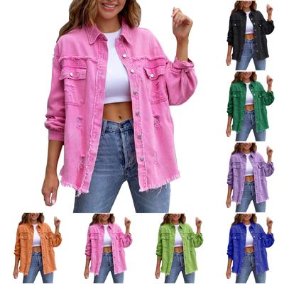 Womens Denim Jacket Button Down Shirts Distressed Frayed Coat  With Pockets