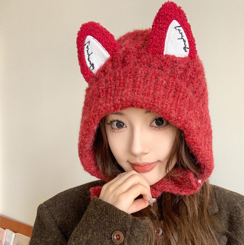 Autumn and winter cute fox ears knitted wool hat children warm braids straps ear protectors show face small cold hat