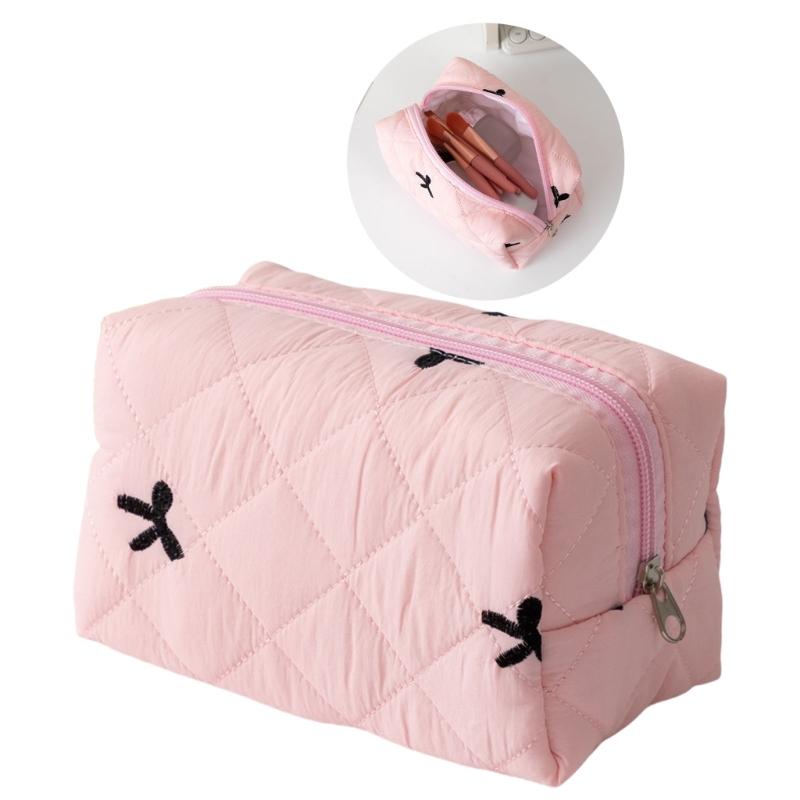Polyester Quilted Lipstick Holder with Sophisticated Bowknot Pattern Large Capacity Makeup Bag for Everyday Use