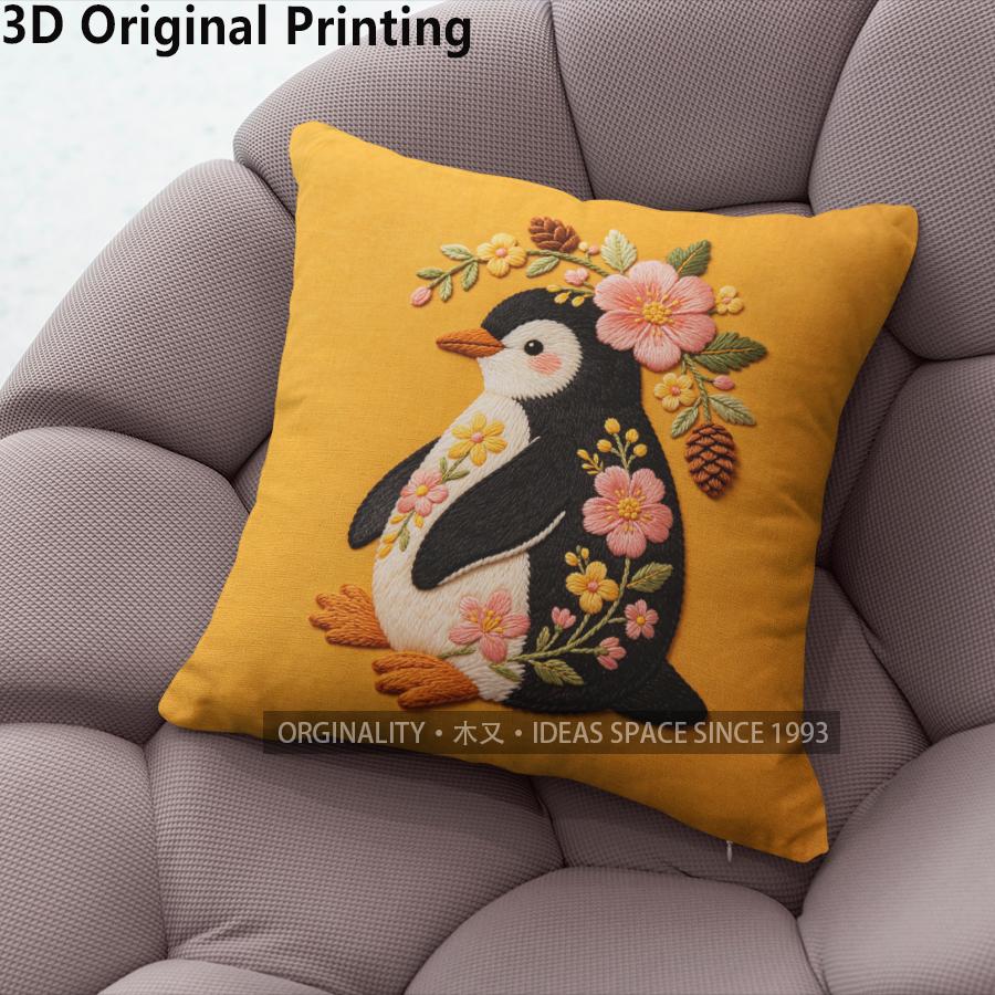 Cute Floral Penguin Embroidery Style Throw Pillow Covers Pattern Cushion Cover Suitable For Sofa Bedroom Car Pillow Cover