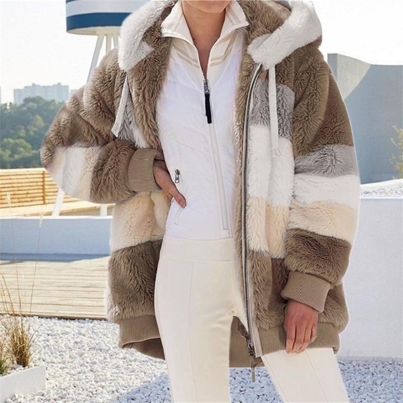 Winter Thickening Warm New Fashion Women Jacket Stitching Plaid Ladies Coats Casual Hooded Loose Plush Zipper Ladies Clothes