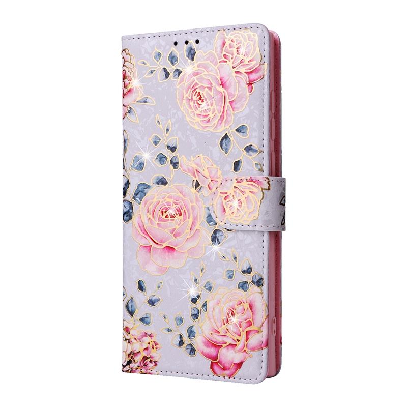 Luxury 3D Gilded Flowers Printed Case Cover for iPhone 14 13 12 11 Pro Max Samsung Galaxy S23 S22 S21 S20 A13 A23 A33 A53 A73 RFID Blocking Wallet Bag