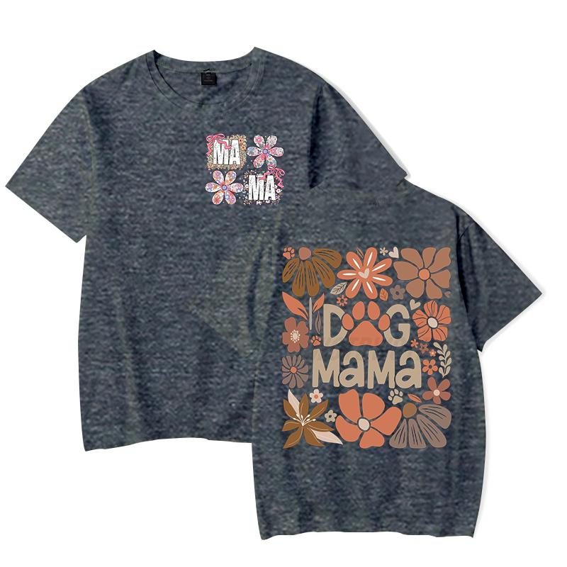 Dog Mama Fashion Casual T-shirts Funny Gift for Dog Owner Short Sleeve Tee Floral Boho Vintage T-Shirt Design Women's Clothing