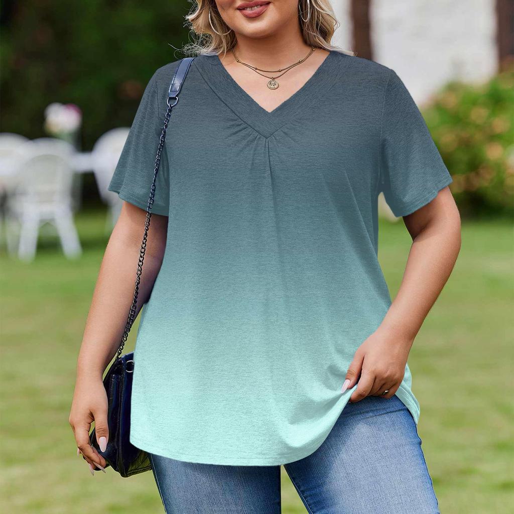 Damska Modna Codzienna Luźna Bluzka Plus Size z Krótkim Rękawem Elegancka z Dekoltem V Do Pracy