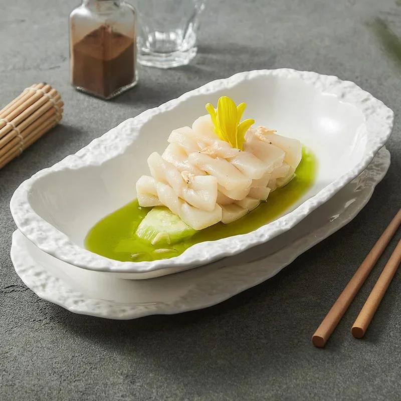 Creative Stone Pattern Edge Ceramic Plate Pure White Salad Plate Dessert Plate Thick Soup Plates Deep Plates Hotel Tableware