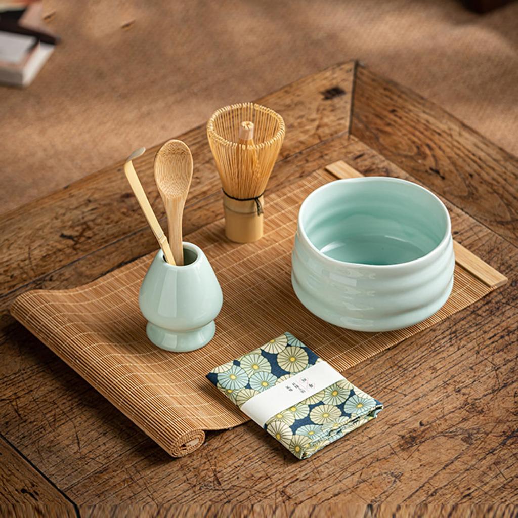 7-Piece Matcha Tea Ceremony Set, Japanese Tea Ceremony Utensils, Tea Bowl, 100-Standing Chasen, Chashaku (Tea Scoop), Matcha Powder, and Whisk (Green)
