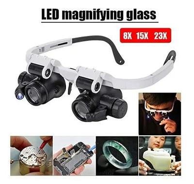 זכוכית מגדלת 8x 15x 23x עם תאורת LED כפולה, עדשת משקפיים, זכוכית מגדלת, לופה, סט כלי תיקון תכשיטים ושעונים